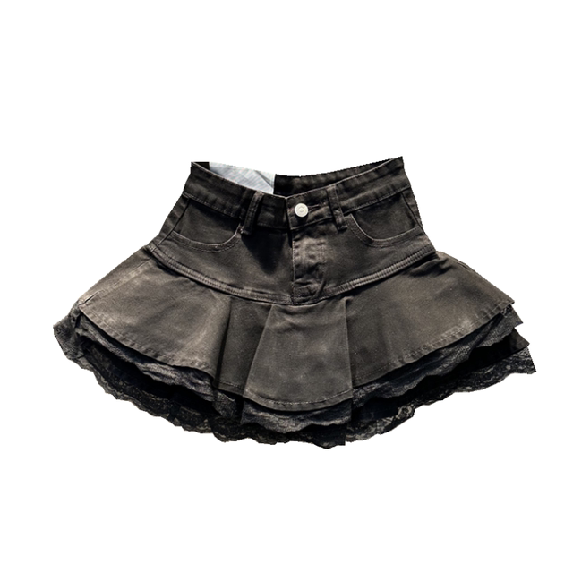 Lace lace spliced ​​high-waisted slim denim skirt 2024 autumn and winter new fashionable versatile fluffy cake skirt
