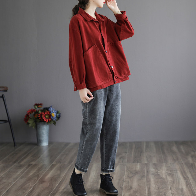 Workwear short jacket for women in autumn new large size Korean style retro all-match loose slim casual large pocket jacket trendy
