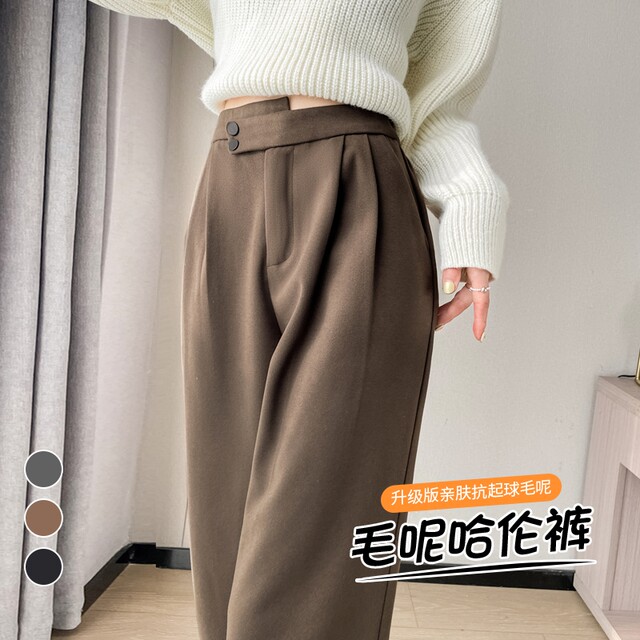 Large size woolen suit pants for women in autumn and winter plus velvet thickened harem pants straight slimming nine-point high waist drooping cigarette pants