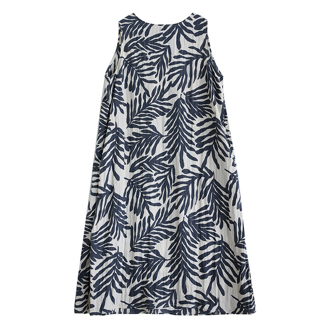 Artistic temperament cotton and linen sleeveless dress for women in summer, women's summer print loose slim linen vest vacation long skirt
