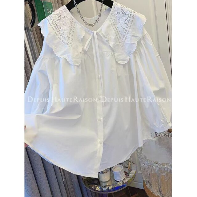 Design sense of niche large lapel lantern sleeve lace embroidered white shirt for women's spring and autumn age-reducing doll shirt for meat covering top
