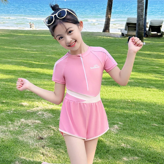 Girls swimsuit one-piece high-end sweet and fashionable medium-sized children quick-drying professional girls sun protection hot spring swimming suit children