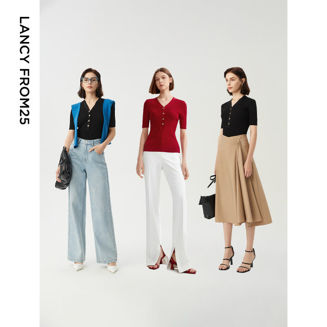 Langzi French thin V-neck knitted cardigan short-sleeved women's spring and summer new high-end inner T-shirt bottoming shirt top