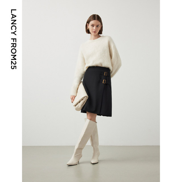 Langzi wool French design pleated retro a-line skirt women's short skirt winter new slim skirt

