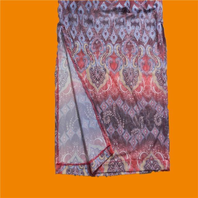 Summer thin mesh ethnic style printed skirt with high waist hips and slit left and right long skirt retro cheongsam style one-step skirt
