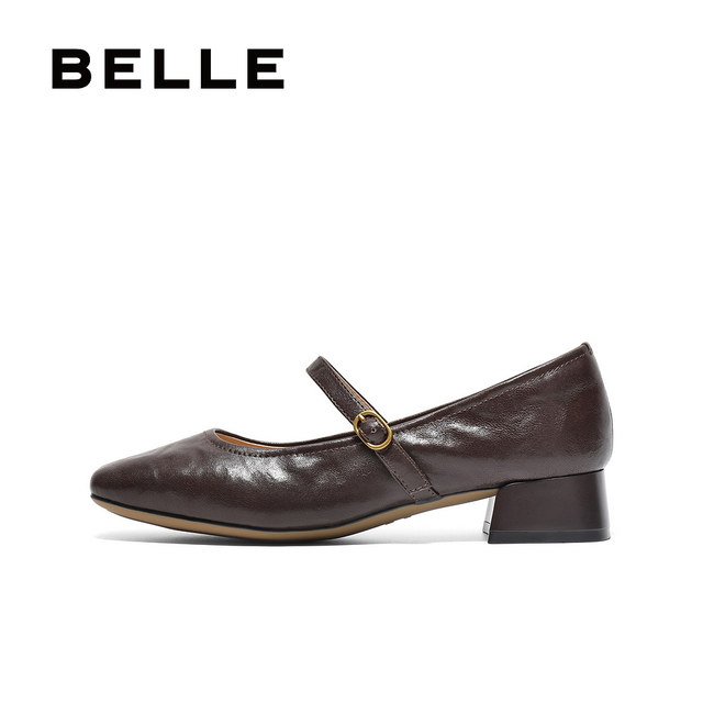 Belle women's shoes retro Mary Zhen shoes 2025 spring new sheepskin thick heel light mouth single shoes B2435AQ5
