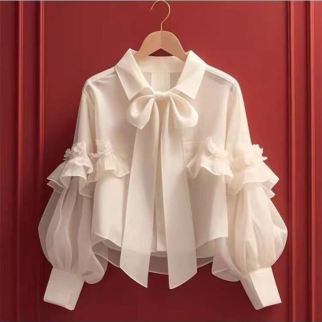 White high-end chiffon shirt 2024 new early autumn sweet niche unique temperament bow long-sleeved top
