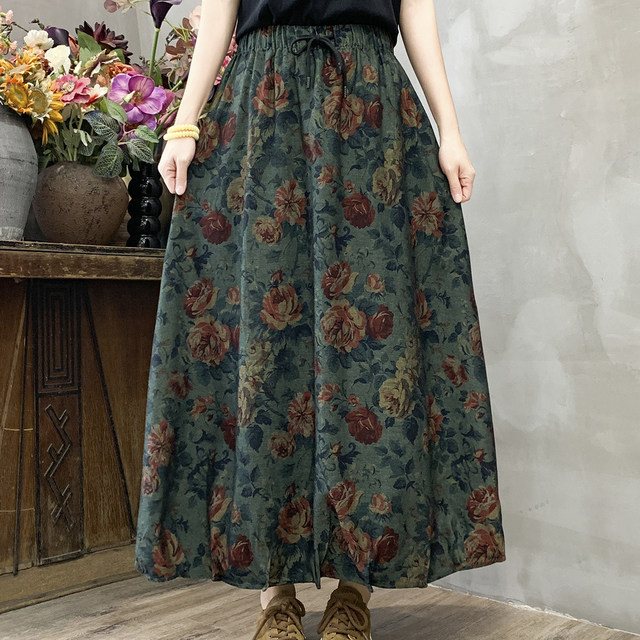 Moxia Chuxin retro literary oil painting style printed denim skirt slim A version midi dress for women