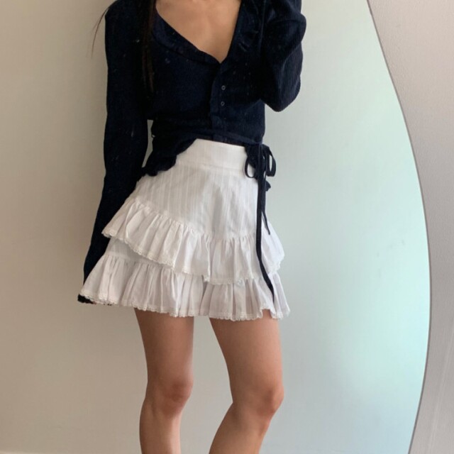 Korean chic summer ballet style ruffle cake skirt for women lace side zipper pleated anti-exposure skirt
