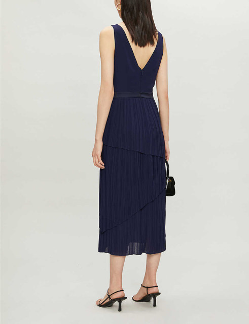 Pure Yuan special offer new front and rear V-neck sleeveless lady temperament elegant dress pleated multi-layer midi skirt dress