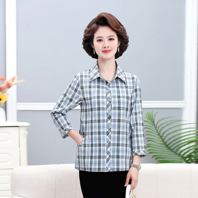 Mom Spring and Autumn Cotton Shirt New Casual Style Plaid Middle-aged and Elderly Women's Shirt 50 Cardigan Loose Top