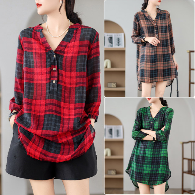 Fashionable plaid V-neck shirt for women fat girl loose large size five-point sleeve top casual mid-length summer shirt
