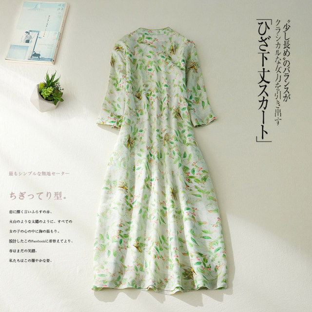 2024 summer new retro slanted placket v-neck skirt for women mid-length cotton and linen printed 7-quarter sleeve dress