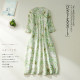 2024 summer new retro slanted placket v-neck skirt for women mid-length cotton and linen printed 7-quarter sleeve dress