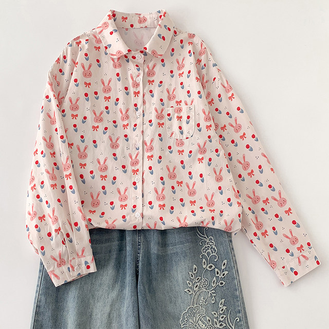 Large size fat girl slimming belly-covering shirt for women 2025 spring new loose Korean version cartoon printed long-sleeved top