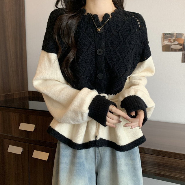 Large size sweet hollow stitching contrasting sweater coat women's autumn and winter niche chic lace-up waist knitted cardigan trendy
