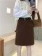 Autumn and winter khaki woolen skirt plus size high-waisted a-line mid-length skirt slimming versatile short skirt one-step hip-covering skirt