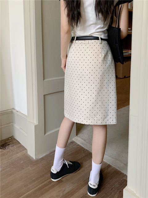 White polka dot skirt pear-shaped body high waist mid-length skirt large size A-line skirt covering hips mid-skirt making it look slim and hip-packing skirt