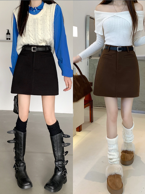 Large -size woolen A -shaped skirt Women's autumn and winter new high -waisted one -step hip skirt to prevent light and cover meat versatile skirt
