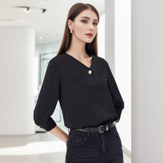 Lusi Belle Black Shirt 2025 New Women's Chiffon Cropped Sleeve Shirt Fashion V-neck Professional Commuter Shirt