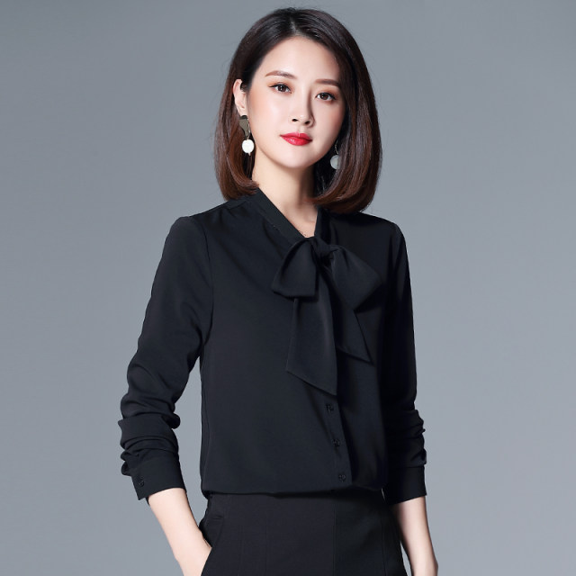 Black bow shirt for women long sleeves fashionable temperament base spring and autumn French chic professional women's chiffon shirt