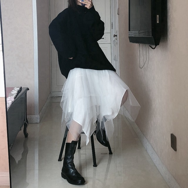 Spring, autumn and winter new style mesh dark style white irregular high waisted puffy mesh skirt skirt fairy gauze skirt