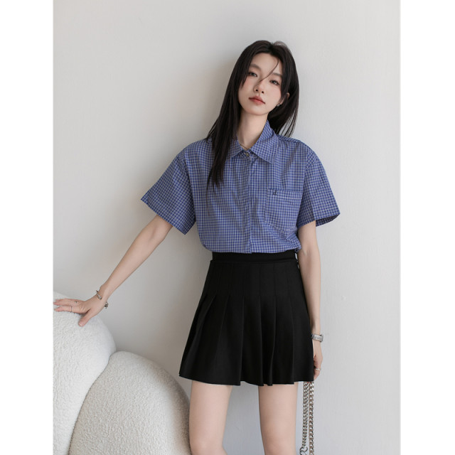 Miu blue plaid short-sleeved shirt top for women 2025 summer new loose casual temperament small shirt