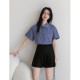 Miu blue plaid short-sleeved shirt top for women 2025 summer new loose casual temperament small shirt