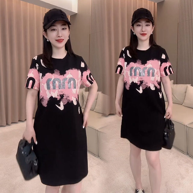 European dress for women 2025 summer new style goddess large size slim and fashionable casual printed short-sleeved T-skirt