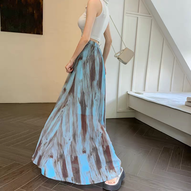 Retro ink tie-dyed pleated skirt for women in summer drooping pleated and smudged wrinkled mesh A-line long skirt