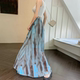 Retro ink tie-dyed pleated skirt for women in summer drooping pleated and smudged wrinkled mesh A-line long skirt