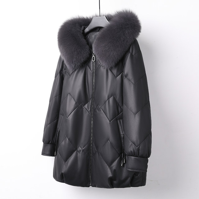 Sheepskin leather jacket large size genuine leather down jacket for women winter clothes mother wear fox fur hooded middle-aged and elderly top coat
