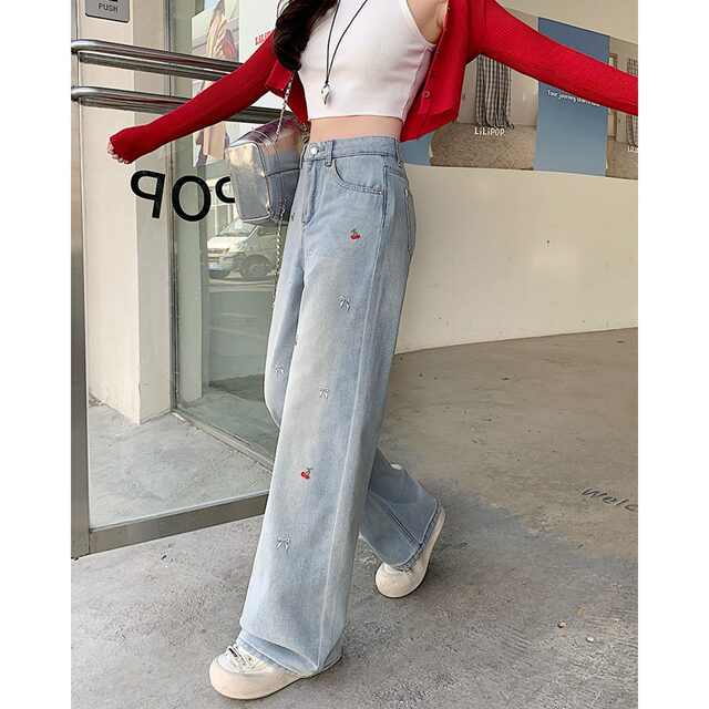 Xiaojijia large size women's spring clothing new fat mm embroidered straight wide-leg jeans high waist draped floor trousers
