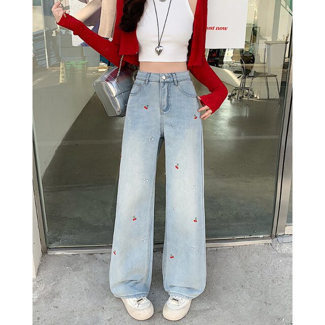 Xiaojijia large size women's spring clothing new fat mm embroidered straight wide-leg jeans high waist draped floor trousers
