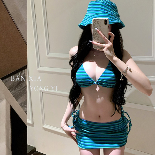 Towel fabric hot spring swimsuit women's sexy hottie triangle bikini vacation swimsuit same style fisherman hat suit