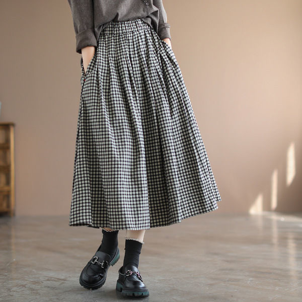 New spring and summer fat mm retro temperament plaid pocket large size belly-covering A-line skirt for women's elastic waist plaid skirt