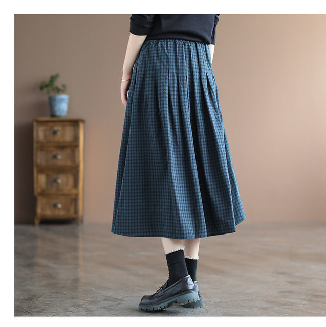 New spring and summer fat mm retro temperament plaid pocket large size belly-covering A-line skirt for women's elastic waist plaid skirt