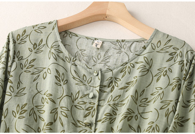 Dress in summer female seven -point sleeve literary cotton and linen fashion printed long skirt large size loose waist thin A -line skirt
