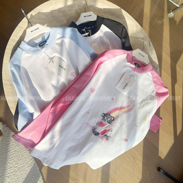 we11doneshark Song Zuer and Cecilia Cheung Pink Rainbow Love Bear Print Vagrant Sleeve Cartoon Long Sleeve T