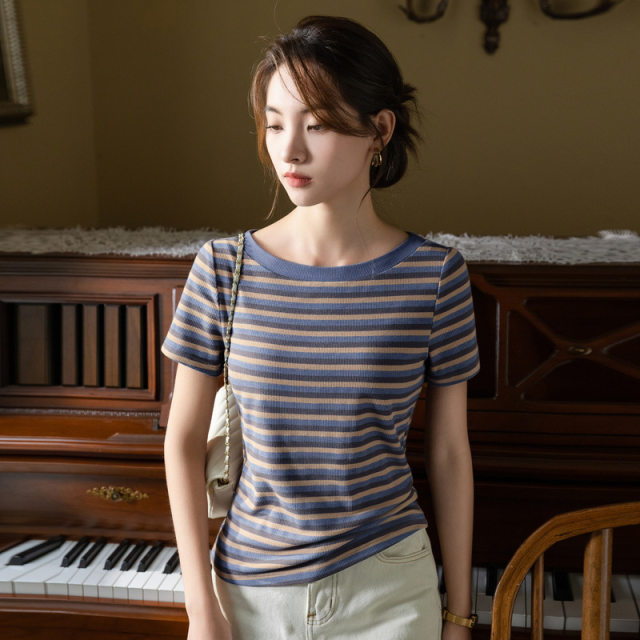 Big round neck T-shirt for women striped short-sleeved summer 2025 new French retro gentle style pink purple one-length top