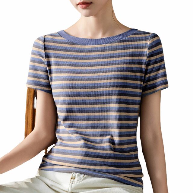 Big round neck T-shirt for women striped short-sleeved summer 2025 new French retro gentle style pink purple one-length top