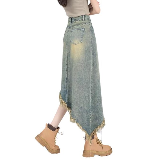 2024 new summer irregular furrowed denim skirt for women with old design versatile mid-length skirt