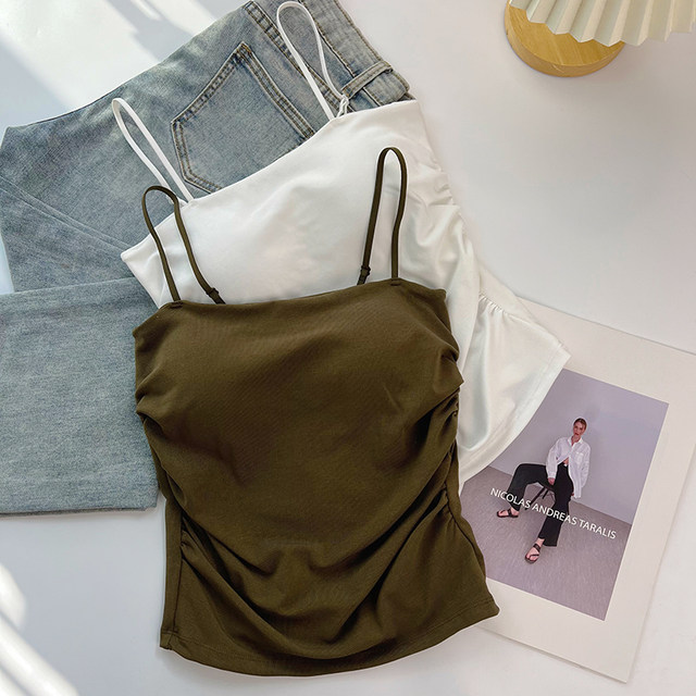 White small suspender vest for women with inner summer 2025 new beautiful back and outer wear with chest pad pleated waist base top