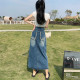 Summer new large size split denim skirt fat MM mid -length high -waist versatile A -line skirt shows thin bag hip skirt
