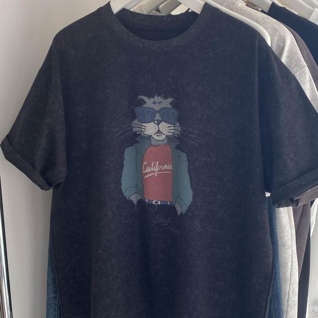 25 summer new tie-dyeing craft cartoon printed sunglasses cat loose round neck women short-sleeved cotton T-type top