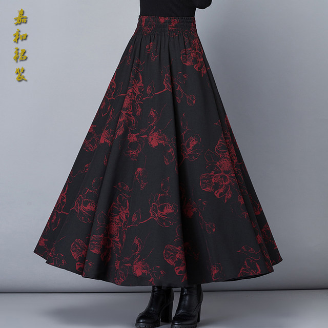 New versatile printed large long skirt for autumn and winter, high waist A-line skirt mid-length large-size winter skirt for women