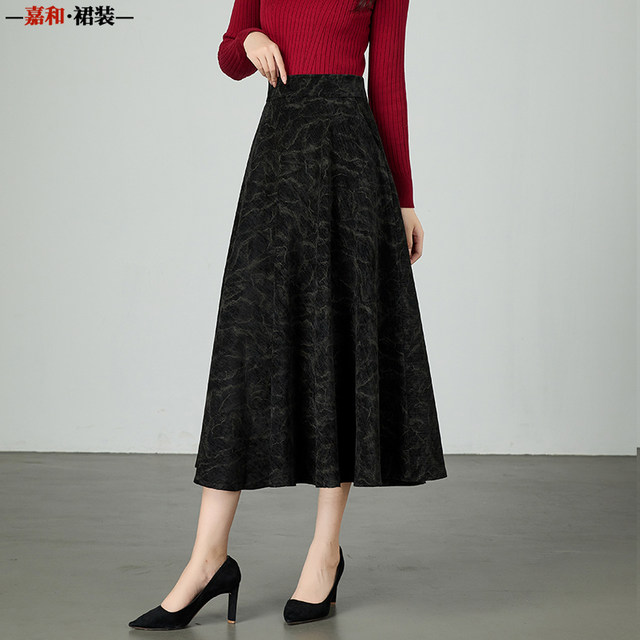 Autumn and winter new retro high-waisted skirt black ink print long skirt A-line skirt slim mid-length skirt