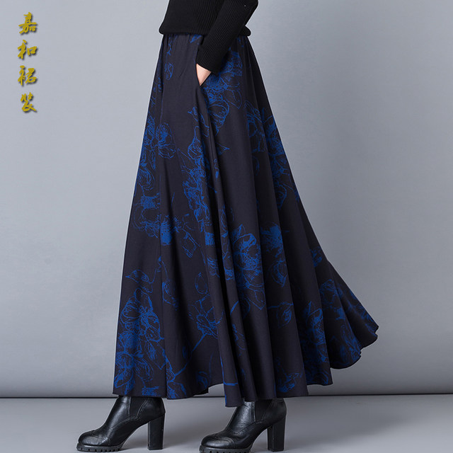 New versatile printed large long skirt for autumn and winter, high waist A-line skirt mid-length large-size winter skirt for women