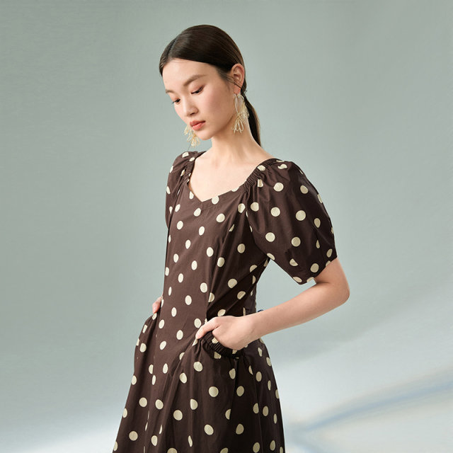 Sweet puff sleeve A-line tea skirt MOFAN 2025 summer new lady cafe and slim dress