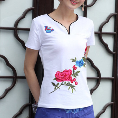 New large-size women's round neck T-shirt base shirt slim-fit embroidered short-sleeved pure cotton mother top
